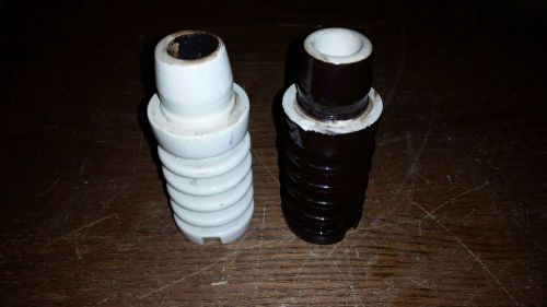 Lot of 2 Ceramic beehive insulator 5&#034;  tall Porcelain Brown &amp; White Antique