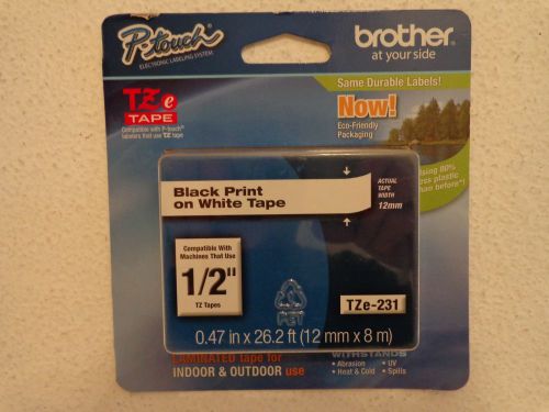 Brother P-Touch 1/2&#034; Black Print On White Tape TZe-231