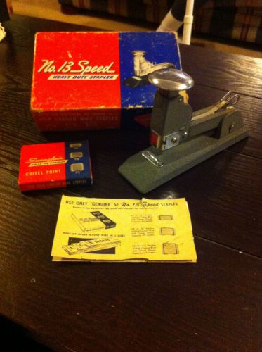 Vintage No. 13 Speed heavy duty stapler in original box with box of staples