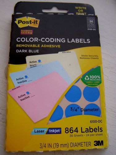Post-it 3M Labels 3/4&#034; Removable Adhesive Dark Blue 24 Sheets 864 Labels