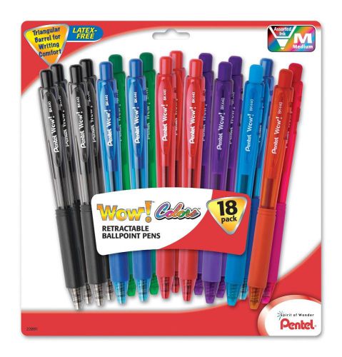 Pentel WOW! Ballpoint Pens, Medium Tip, Assorted Ink Colors, 18-Pack
