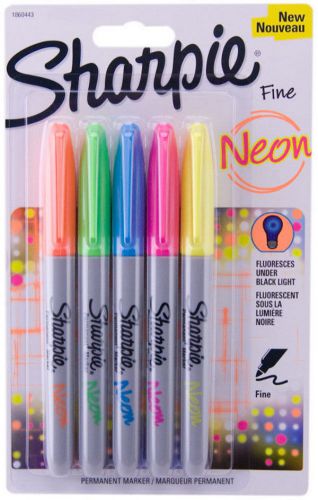 Sharpie ~ neon permanent markers ~ fine tip ~ 5 pk ~ fluoresce under black light for sale