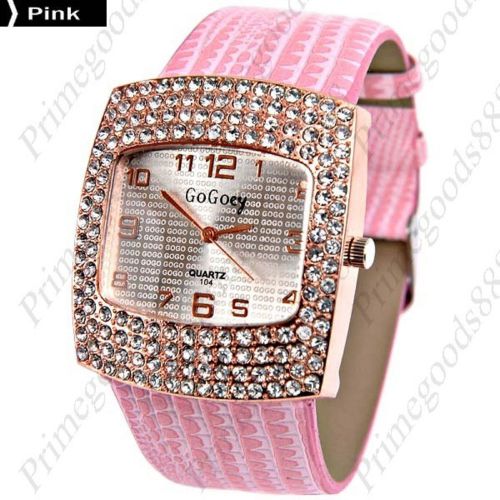 Square Case PU Leather Quartz Rhinestones Lady Ladies Wristwatch Women&#039;s Pink
