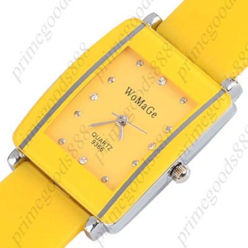 Rubber band analog rectangular case quartz wrist wristwatch women&#039;s yellow for sale