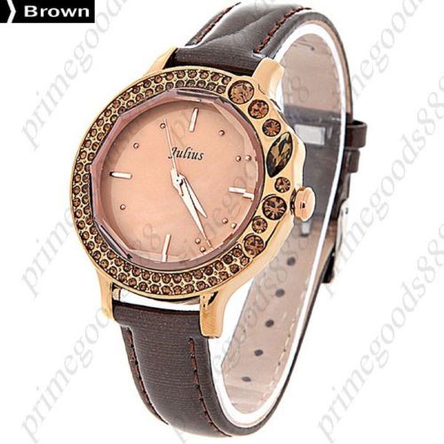 Round Rhinestones Genuine Leather Lady Ladies Quartz Wristwatch Women&#039;s Brown