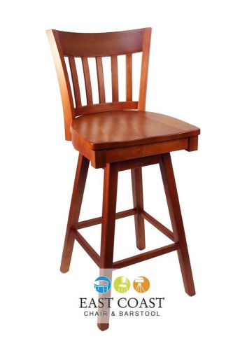 New Gladiator Cherry Vertical Back Wooden Swivel Bar Stool with Cherry Wood Seat