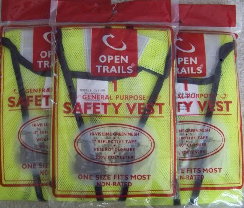 Lot of 3 Open Trails Safety Vest HI-VIS Lime Green Mesh Reflective Tape NIP!