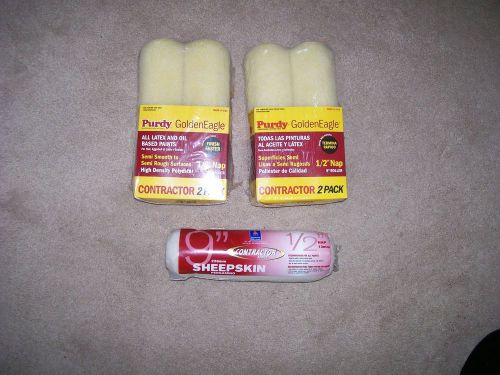 LOT OF 1 SHERWIN WILLIAMS SHEEPSKIN AND 4 PURDY PAINT ROLLERS 9&#034; X 1/2 NAP (6)