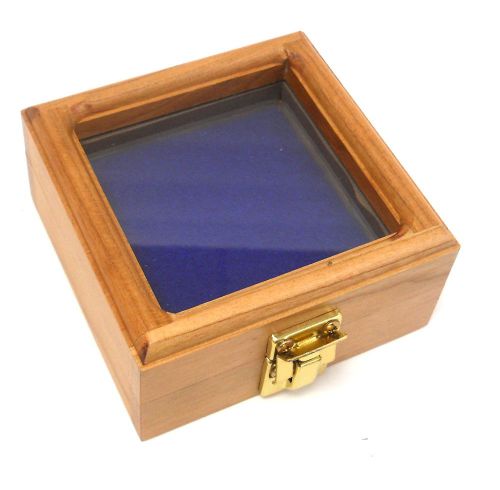 Small cherry wood glass top blue awards medals pins pocket watch display case for sale