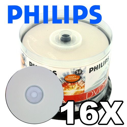 50-pk Philips 16x DVD+R White Inkjet Printable Blank Recordable DVD Media Disk