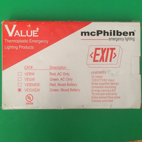 NEW MCPHILBEN Value THERMOPLASTIC Emergency EXIT SIGN Green Light 277/120