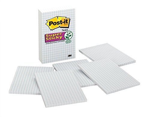 Post-it Super Sticky Notes, 4 in x 6 in, White with Blue Grid, 6 Pads/Pack, 50