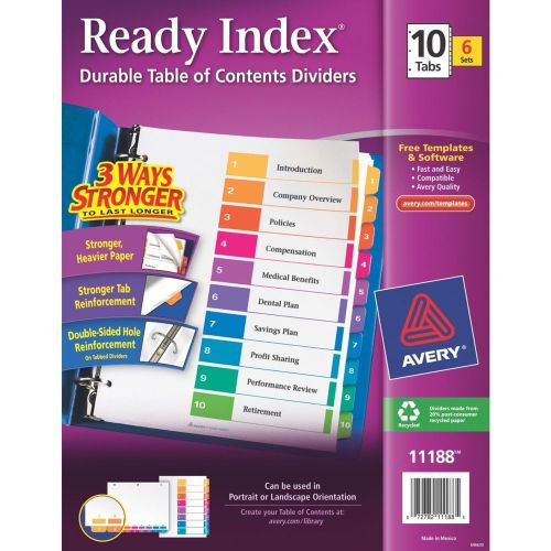 Avery Ready Index Table of Contents Dividers 10-Tab Set 6 Sets (11188)