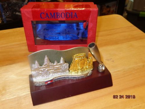 Kingdom Of Cambodia Wood Pewter Pen &amp; Note Pad Holder Paper Weight Multi-Color