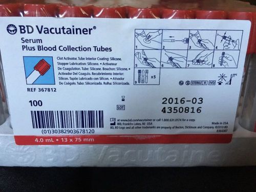 Red Top Serum Plus Blood Collection Tubes 100. Count 4ml 13 x 75 mm