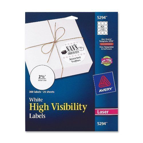 Avery High Visibility 2 1/2 Inch Diameter White Labels 300 Pack (5294)
