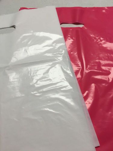 100 12 x 15&#039;&#039; Glossy Pink &amp; White Plastic Merchandise Bags with Handles, favor