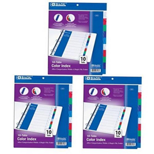 3 pk, bazic 3-ring binder dividers with 10 color tabs for sale