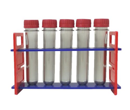 Rack with 5 plastic safety test tube 5.5 l x 1 (od) inches preform threaded cap for sale