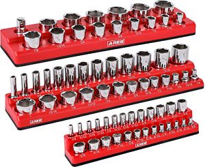 ARES 60035-3-Piece Set SAE Magnetic Socket Organizers - RED -Includes 1/4 in, 3/