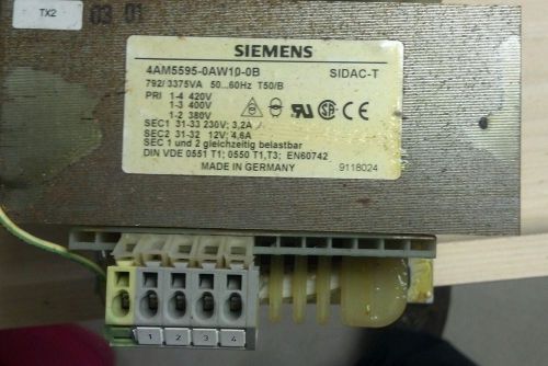 Siemens transformer primary 420, 400, 380 volts. Secondary 230V 3.2A, 12V 4.6A