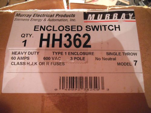 MURRY HH362 HEAVY DUTY DISCONNECT ENCLOSED SWITCH 60 AMP CLASS H,J,K OR R FUSES