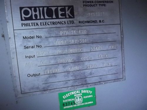 PIV 3K 120 Philtek Inverter IN: 105 to 142 VDC 35A Max OUT: 120VAC 3 KVA Max