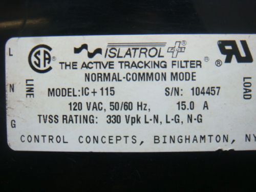 Control concepts islatrol tracking filter ic+115, 15a, 120 vac used for sale