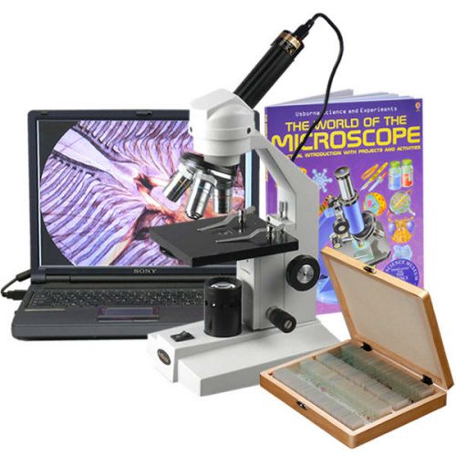 40X-1000X Glass Optical Student Microscope + USB Camera, 100 Specimens &amp; Book
