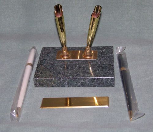 Green marble desk set with two pens and holders - brass plaque - chatham for sale