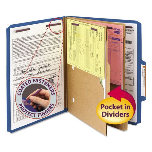 Pressboard Classification Folders, 2 Pocket Dividers, Letter, Dark Blue, 10/Box