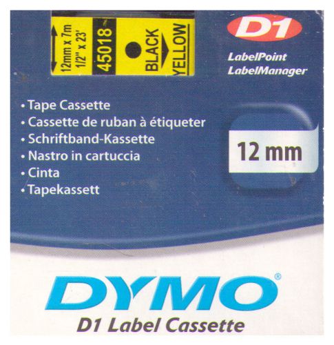 Dymo D1 Label Cassette - 12mm x 7m - 45018 BLACK on YELLOW