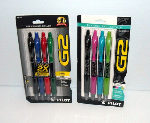 (8) PILOT G2 Gel .7mm Fine pt Pens -  4 pk Asst. Color + 4 pk Fashion Collection