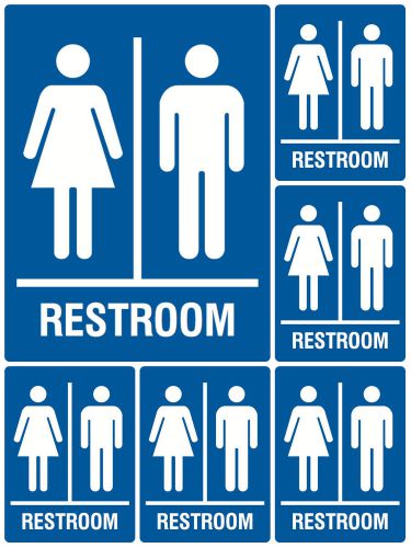 Set Of 6 Unisex Restroom Signs Men Women Blue Sign Work Place Bathroom Store New