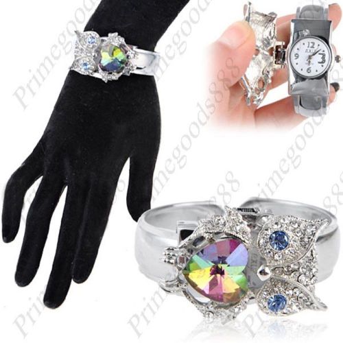 Owl Bracelet Bangle Flip Case Face Quartz Wrist Wristwatch Women&#039;s Silver