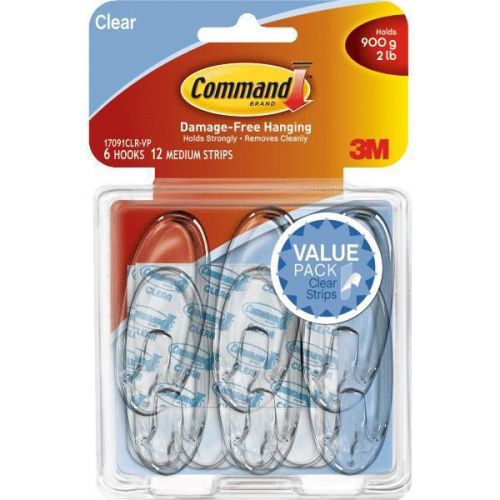 3M 17091CLR-VP-6PK Command Clear Adhesive Hook-COMMAND CLEAR MED HOOK
