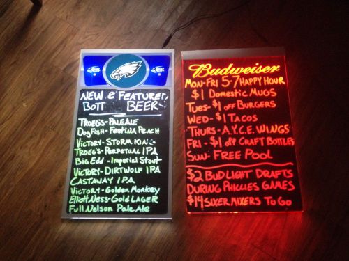 2 Bar Signs Menu Boards Back-lit Eagles Budweiser Promo Blackboards Neon Lights