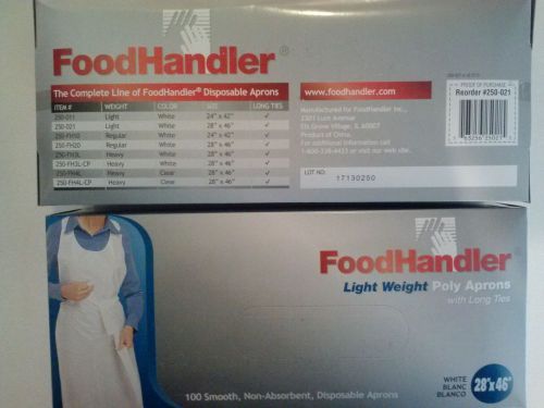 New FoodHandler Light Weight Poly Aprons w/ Long Ties 28&#034;x46&#034; White 2 Boxes