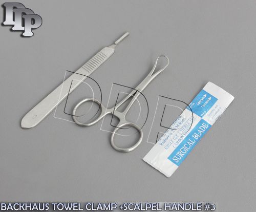 BACKHAUS TOWEL CLAMP 3.5&#034;+SCALPEL HANDLE #3+5 SURGICAL BLADES #11