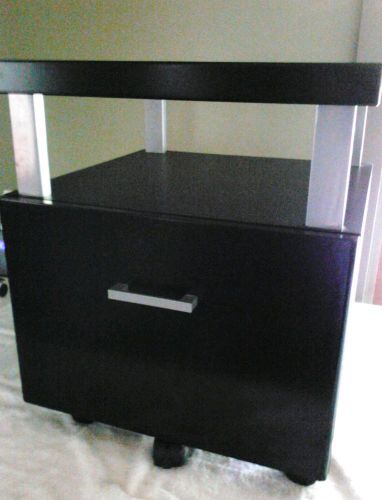 Wood and glass file cabinet with shelf on wheels