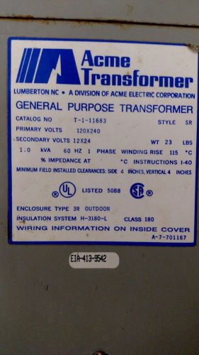 Acme 120 x 240 v /12 x 24 v 1.0 kva transformer 60 hz for sale