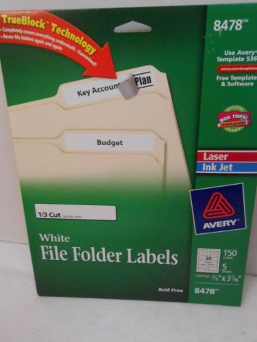 Avery File Folder Labels TrueBlock 8478, 1/3 Cut Acid Free White 150 Ink Jet