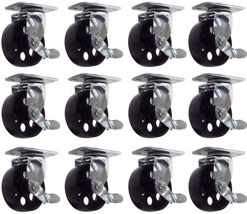 12 All Steel Swivel Plate Caster Wheels w Brake Lock Heavy Duty 3&#034; Wheel 3900Lbs