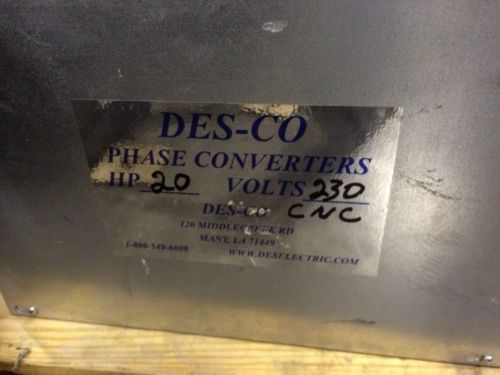 Rotary phase converter - 20 hp - cnc grade, des co for sale