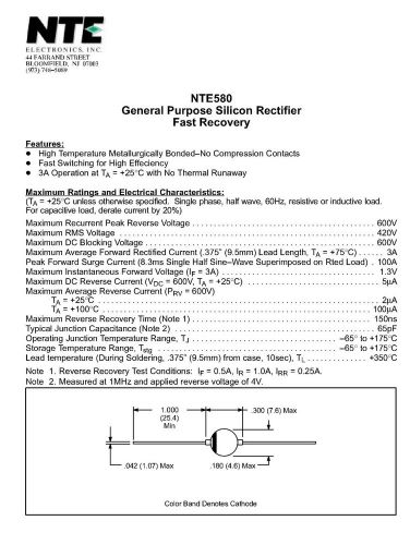 Si General purpose, fast switching Rectifier NTE580 replaces ECG580