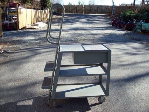 Heavy duty Mobile Restock Stock Picking Ladder Cart with drawer and 2 shelves