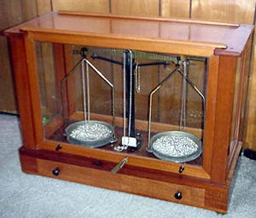 Antique wood &amp; glass case balance beam scale - brass beam locking lever for sale