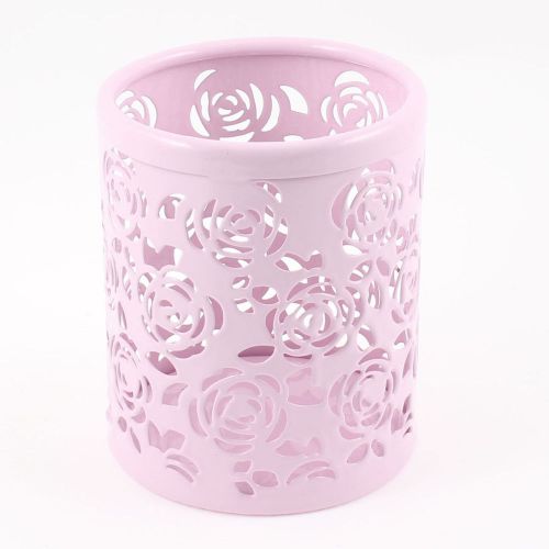 Light pink hollow rose flower pattern metal pen pencil pot holder organizer for sale