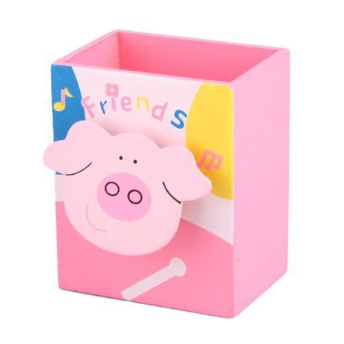 Cartoon Pink Pig Memo Clip Wood Desk Pen Pencil Organiser Cup Holder Xmas Gift