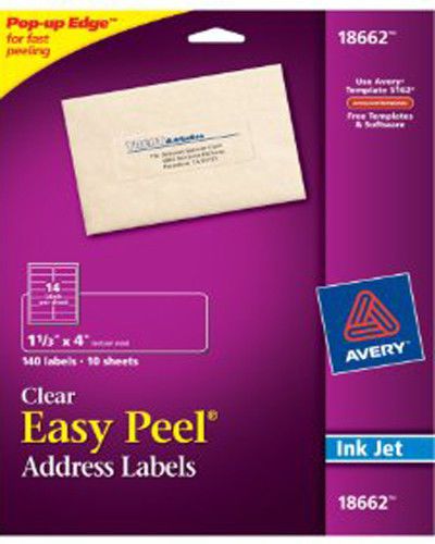 Avery 18662 1 1/3&#034; x 4&#034; Clear Address Labels. 140 Labels 10 Sheets (Ink Jet)